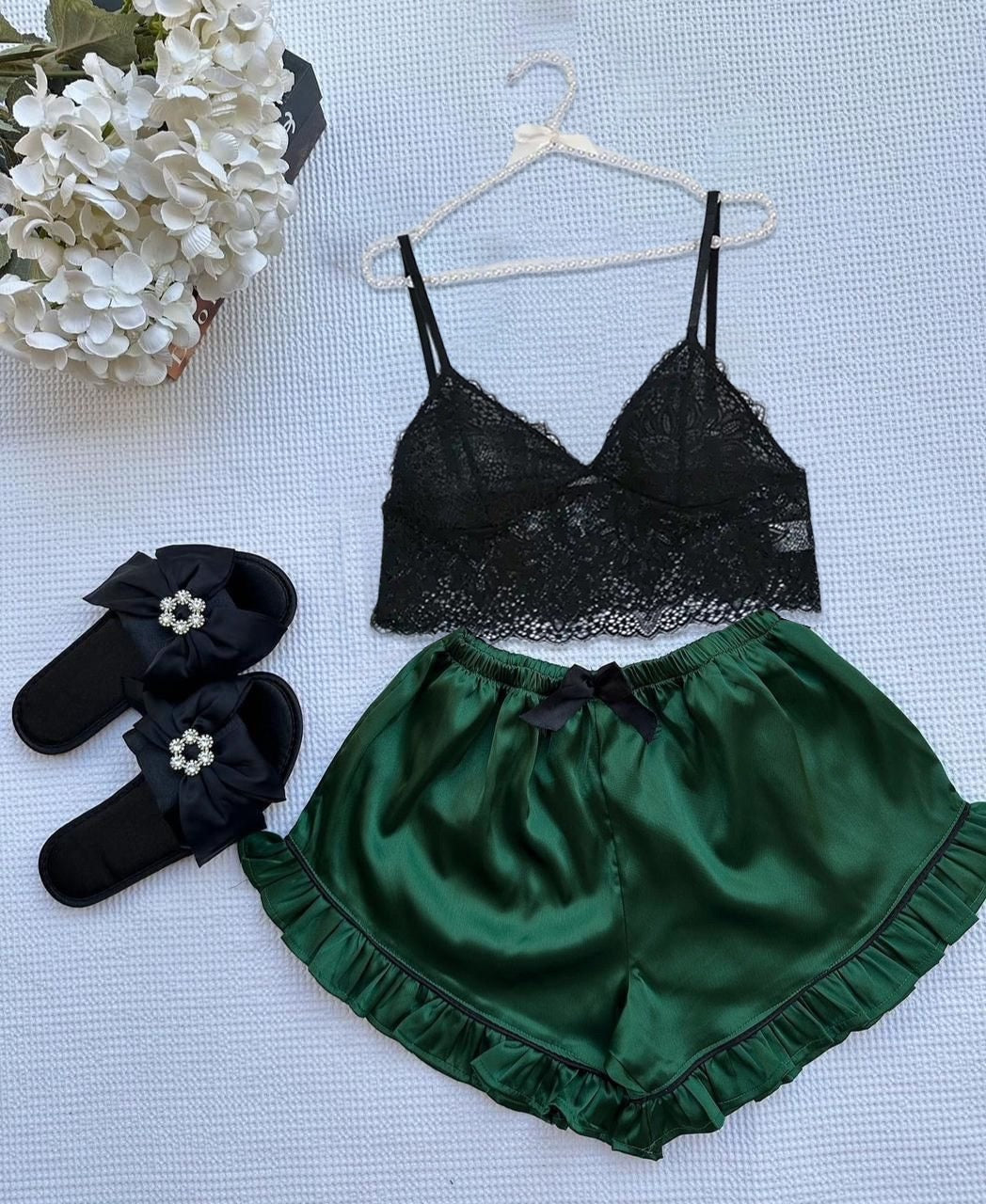 P66 Silk Short With Net Bra Night Wear Set.