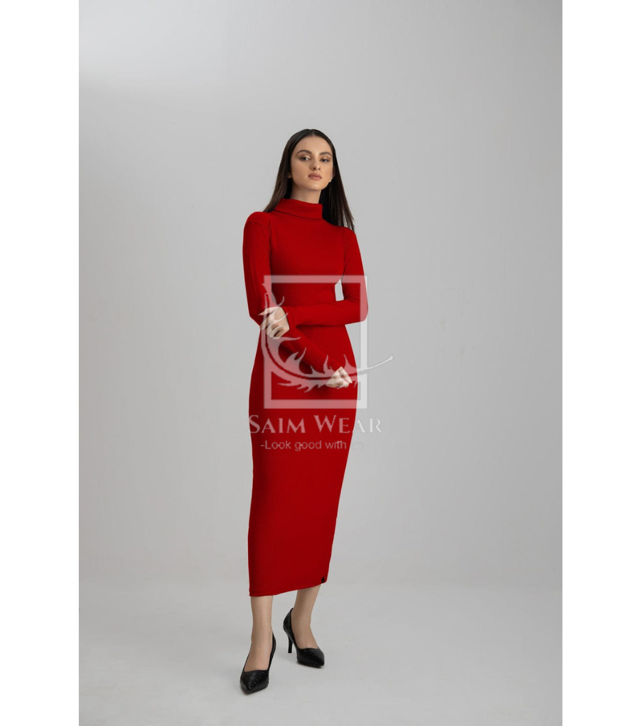 Ch # 361 Ribbed Cotton High Neck Bodycon Dress