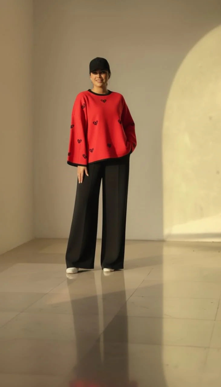 CH 584 - Warm & Cozy 2 Piece Outfit Winter Fleece Co-ord Set with Heart Prints for Women - Saimwear