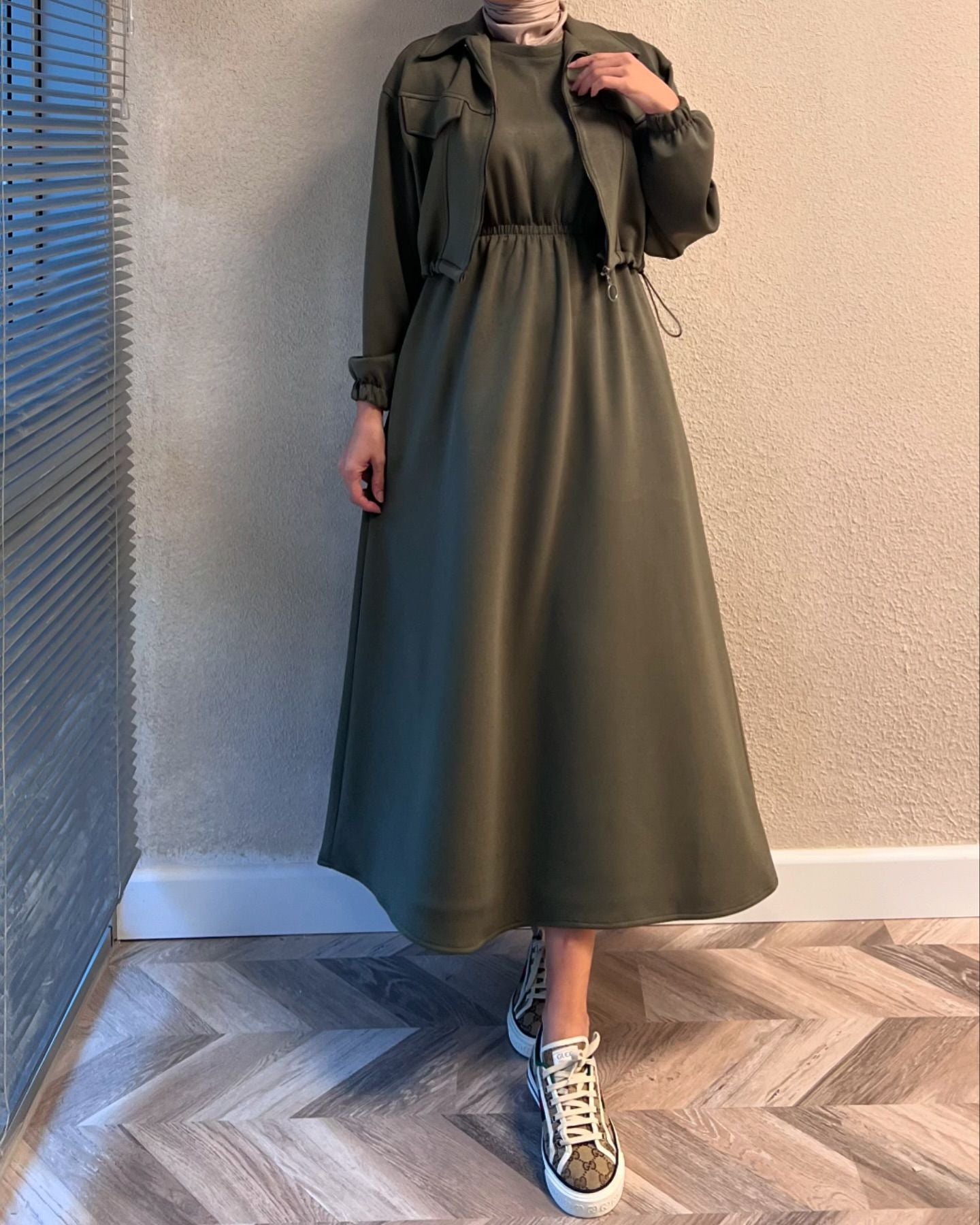CH 499 Saimwear 2 Pcs Winter Outfit Long Frock With Upper Fleece Jacket