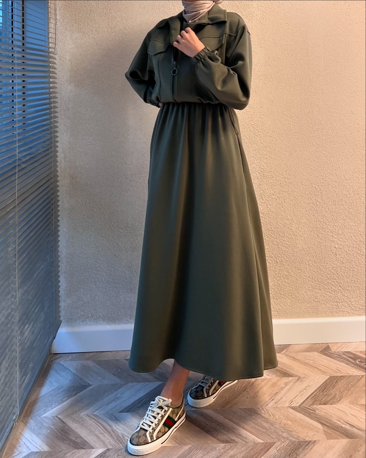 CH 499 Saimwear 2 Pcs Winter Outfit Long Frock With Upper Fleece Jacket