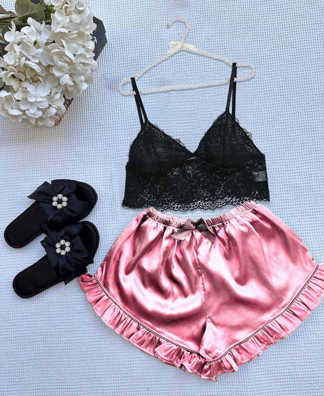 P66 Silk Short With Net Bra Night Wear Set.