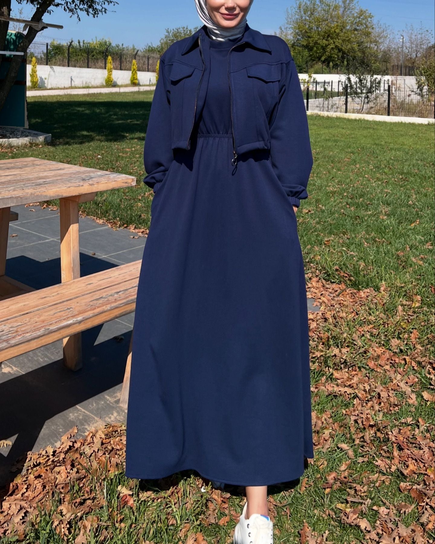 CH 499 Saimwear 2 Pcs Winter Outfit Long Frock With Upper Fleece Jacket