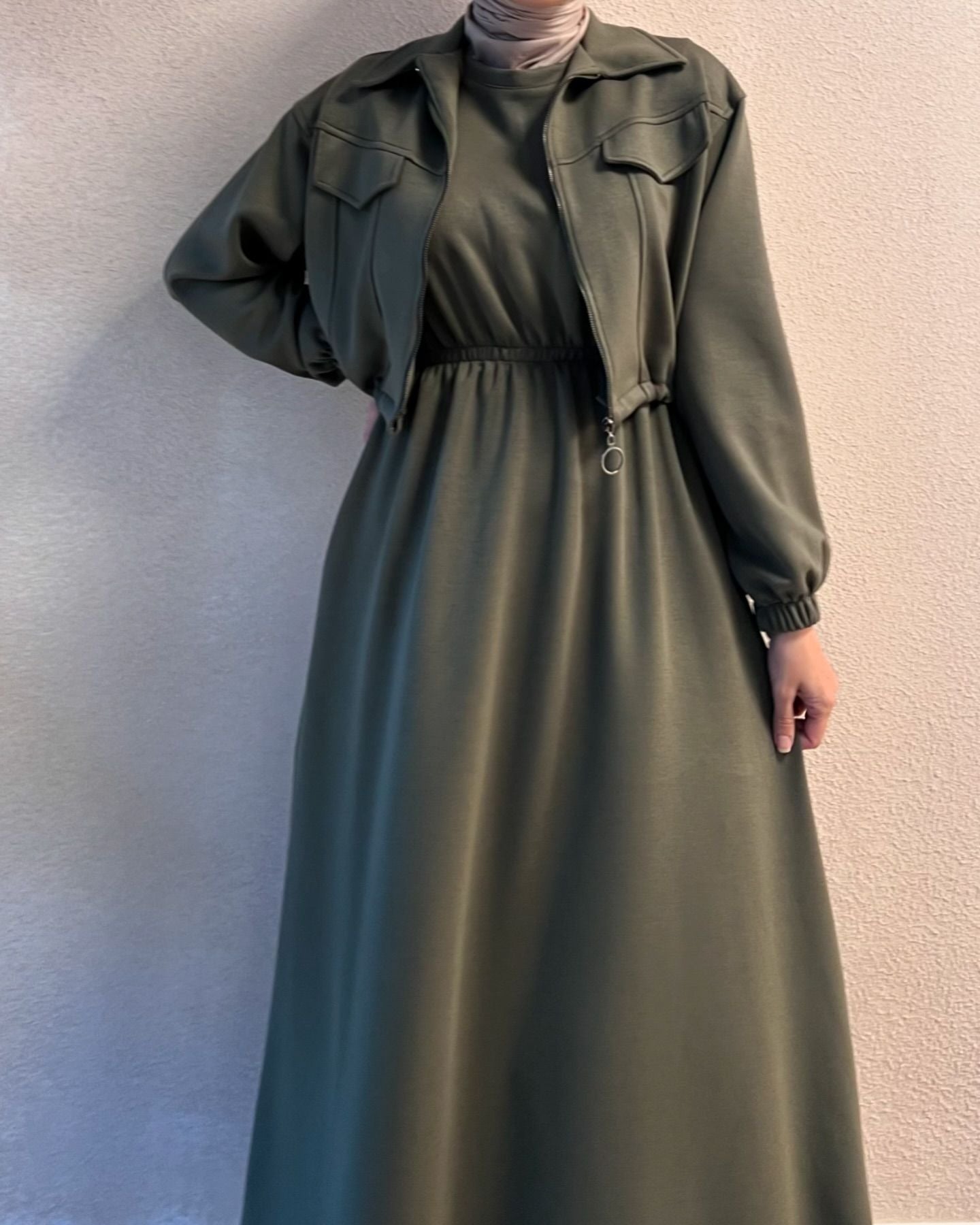 CH 499 Saimwear 2 Pcs Winter Outfit Long Frock With Upper Fleece Jacket