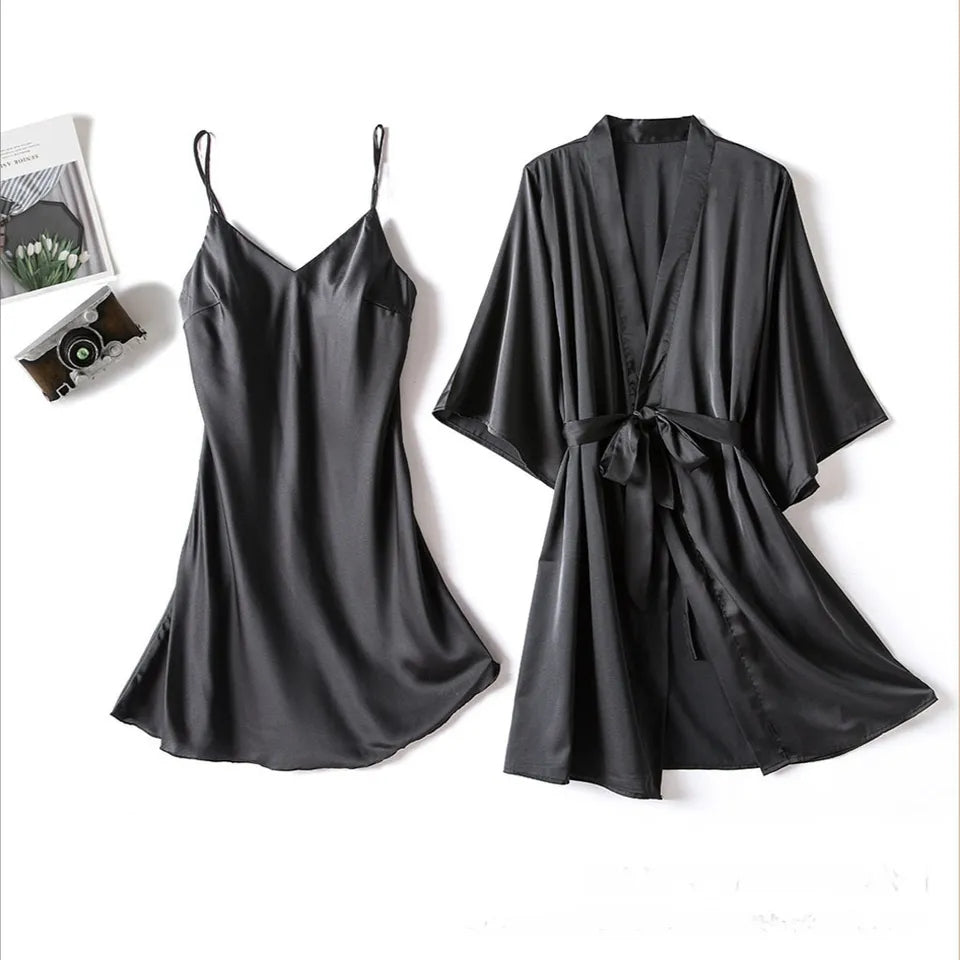 Silk Robe With Long Sleeveless Top 2 Pcs Nightwear P-42 - saimwear