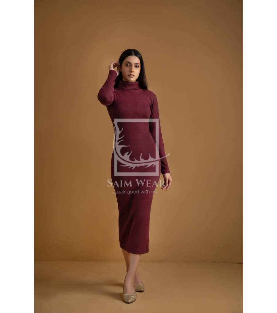 Ch # 361 Ribbed Cotton High Neck Bodycon Dress