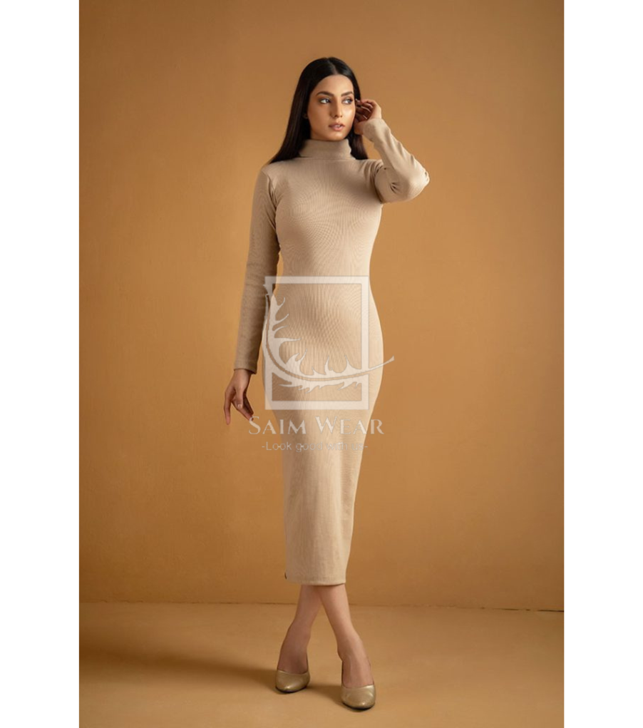 Ch # 361 Ribbed Cotton High Neck Bodycon Dress