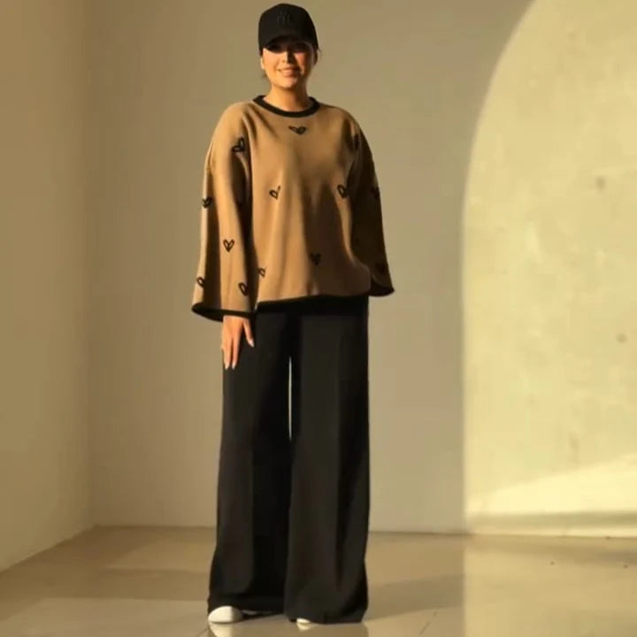 CH 584 - Warm & Cozy 2 Piece Outfit Winter Fleece Co-ord Set with Heart Prints for Women - Saimwear