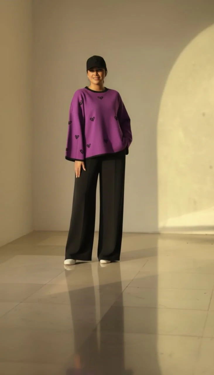 CH 584 - Warm & Cozy 2 Piece Outfit Winter Fleece Co-ord Set with Heart Prints for Women - Saimwear