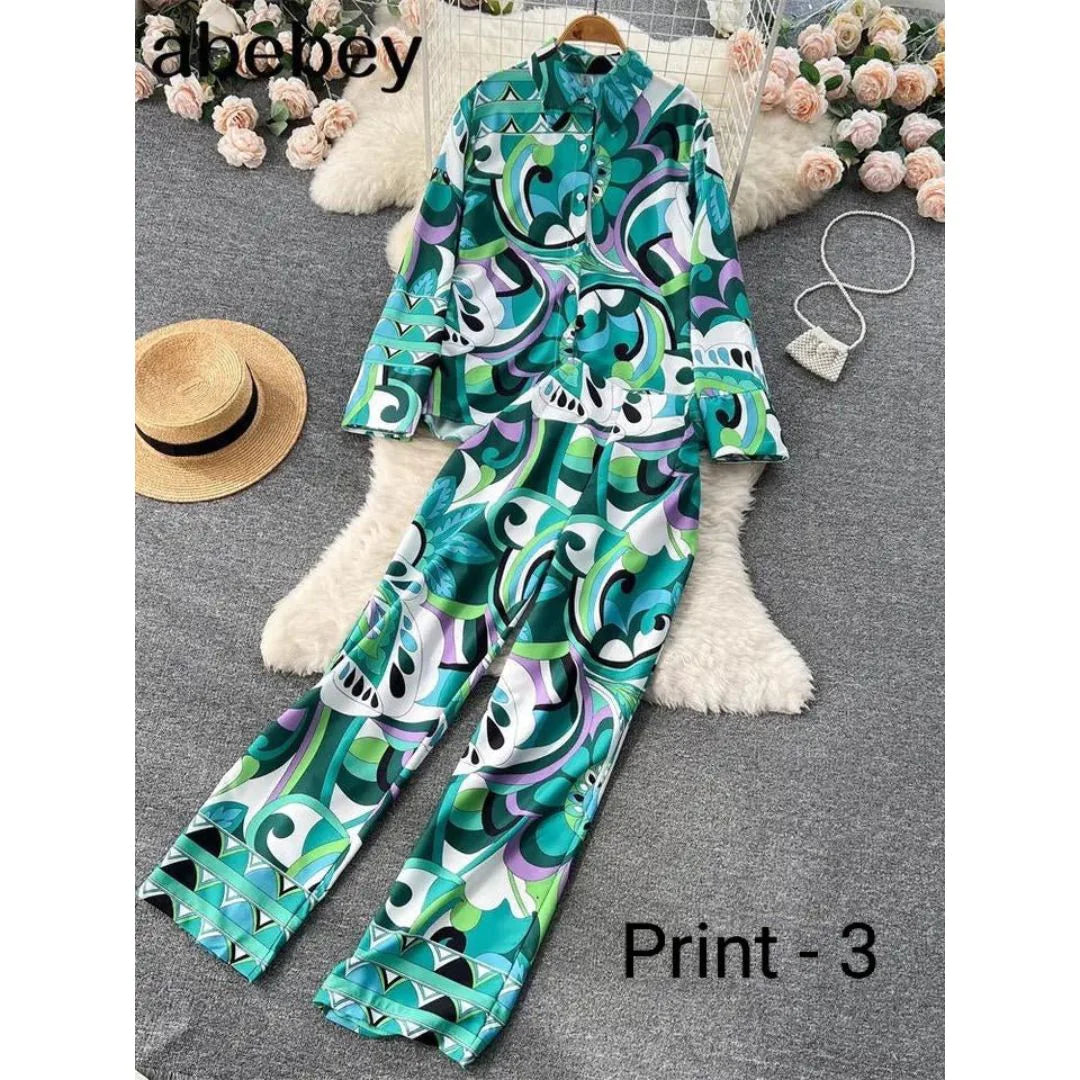 Ch # 353 - 2023 Fashion Print Elegant Women's Set Elastic Waist Straight 2 Piece Pajamas Set Casual Chic Youth Vacation Home Suit - saimwear
