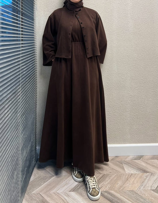 CH 608 - 2 Pcs Winter Outfit Long Frock With Upper Fleece Jacket - SAIMWEAR