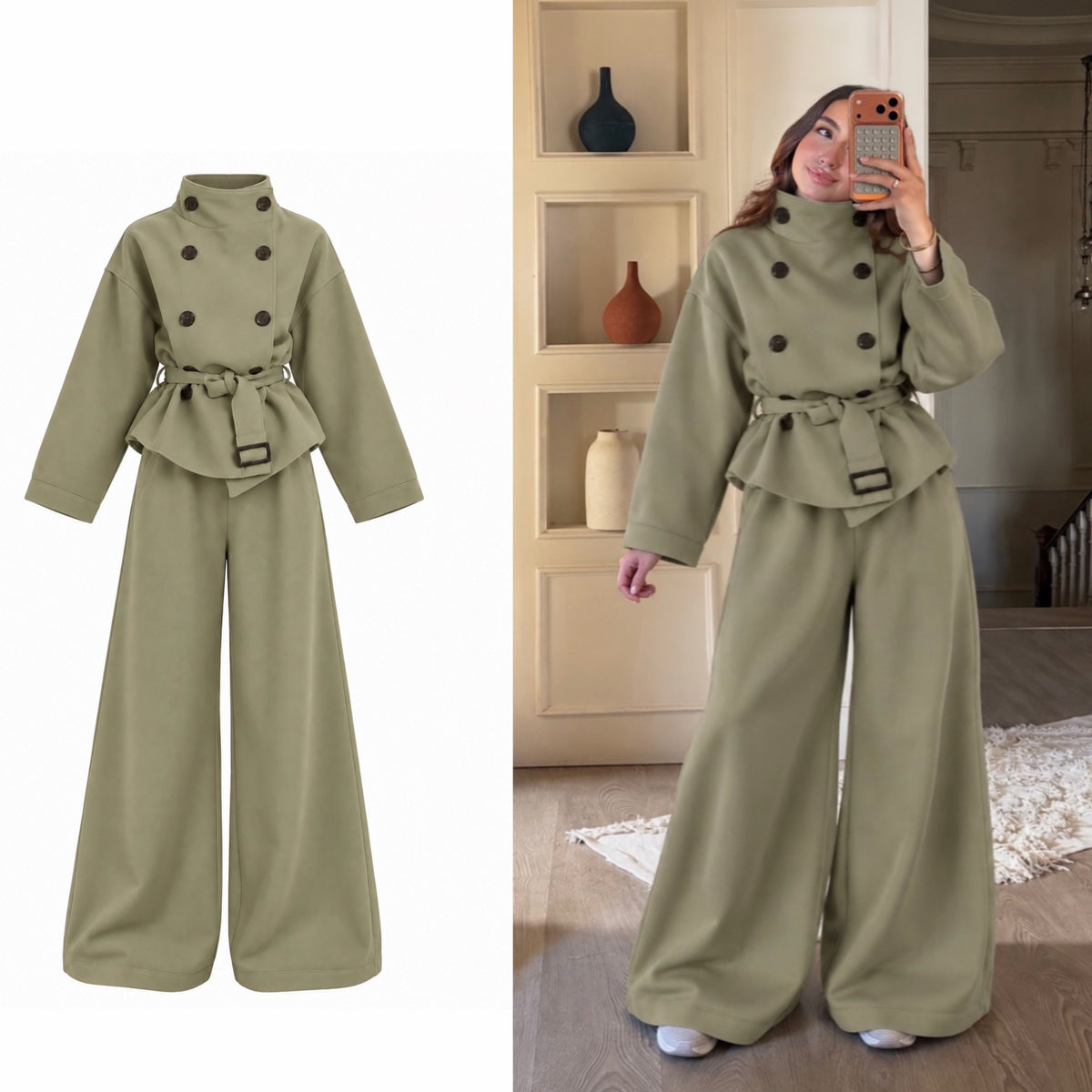 CH - 6149 - Button-Front Belted Fleece Co-ord Set | Saimwear