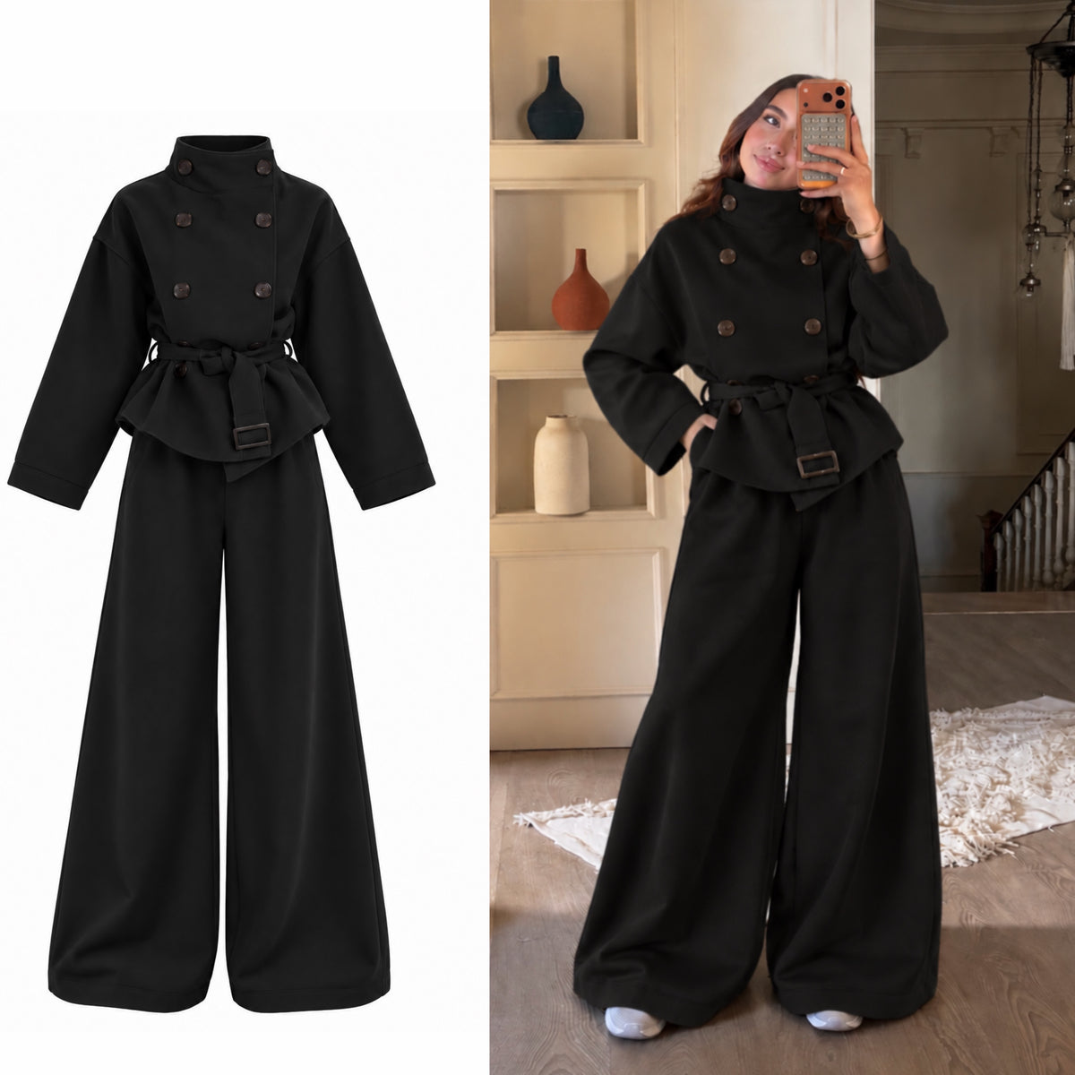 CH - 6149 - Button-Front Belted Fleece Co-ord Set | Saimwear