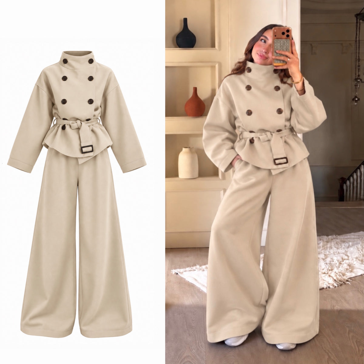 CH - 6149 - Button-Front Belted Fleece Co-ord Set | Saimwear