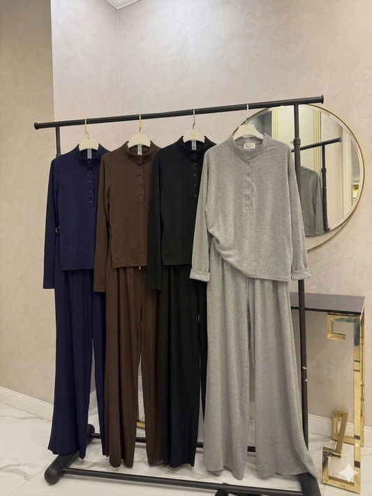 CH-6006 2 Pcs Button Lounge Wear Set Top With Straight Trouser - Saimwear