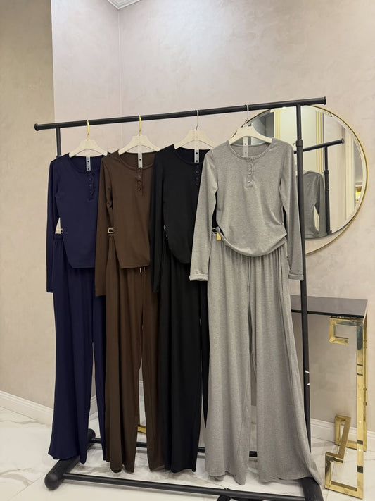 CH-6006 2 Pcs Button Lounge Wear Set Top With Straight Trouser - Saimwear