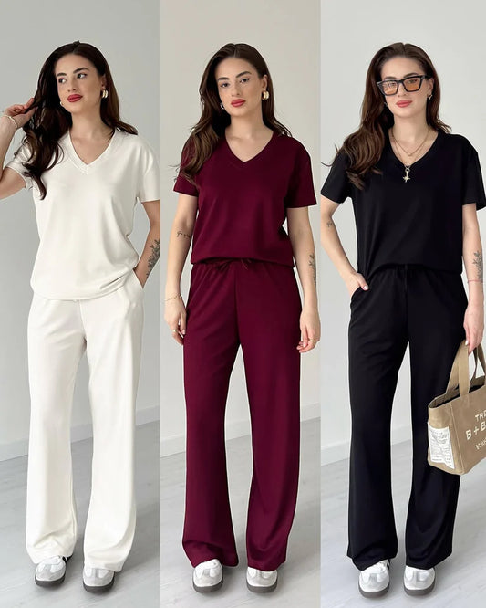 CH-553 Summer Casual Women's V neck Top & Trouser Set | Saimwear