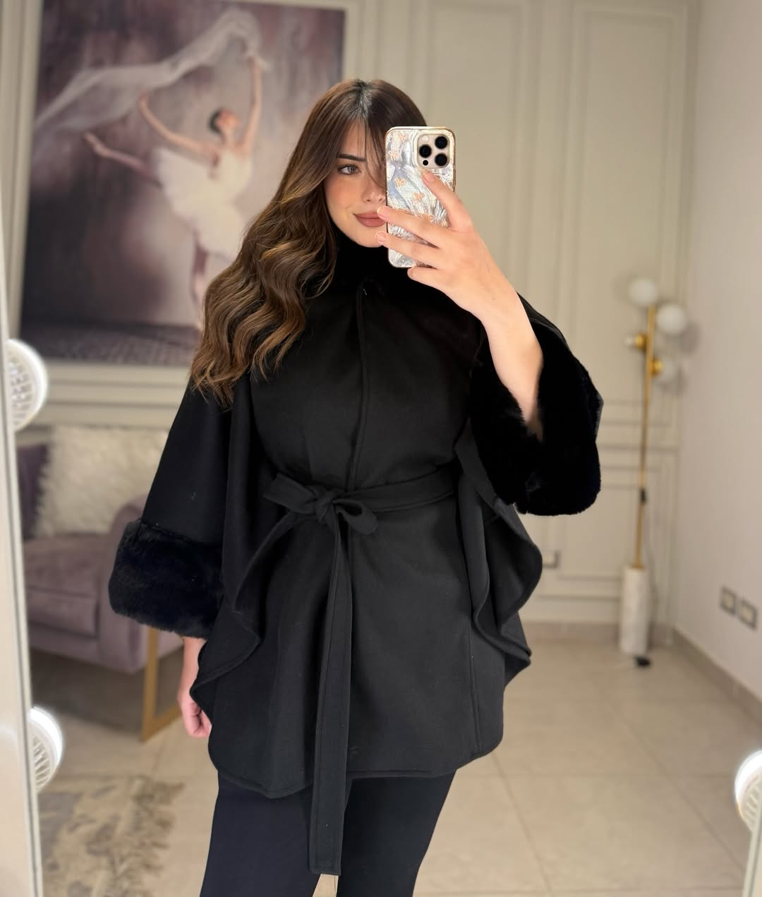 CH 623 - Women’s Elegant Fur Cuff Belted Cape Coat – Winter Fleece | Saimwear
