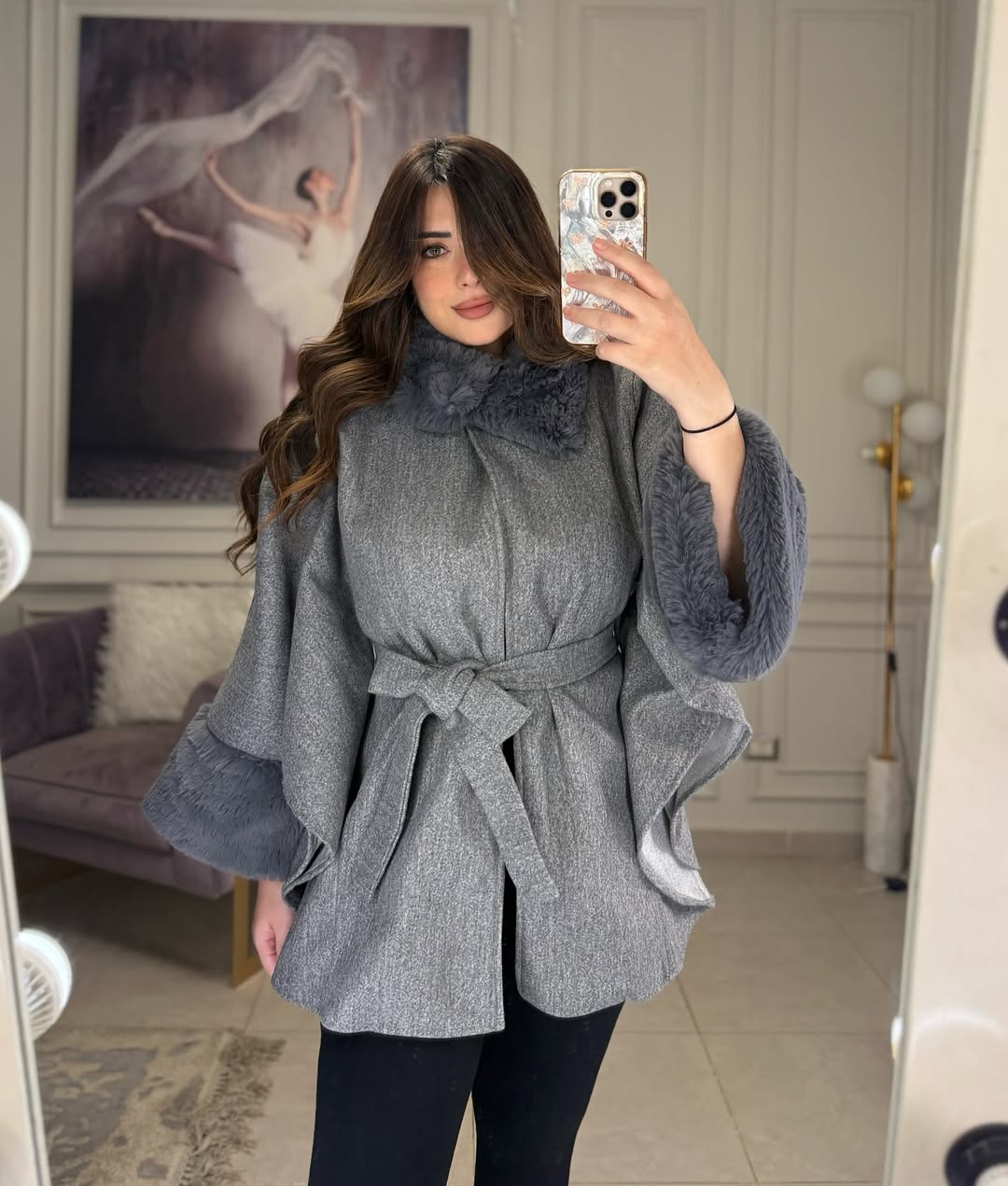 CH 623 - Women’s Elegant Fur Cuff Belted Cape Coat – Winter Fleece | Saimwear