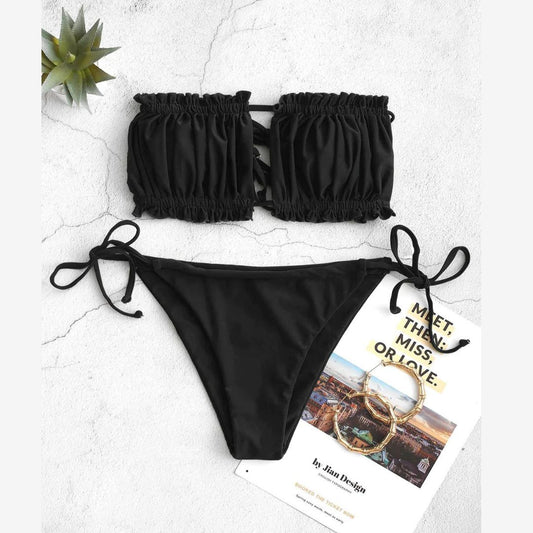 Saimwear Bikini Set Ruffle Strapless Tie Side Bikini Women High Cut Strapless Low Waisted Bikini CH # 314 - saimwear