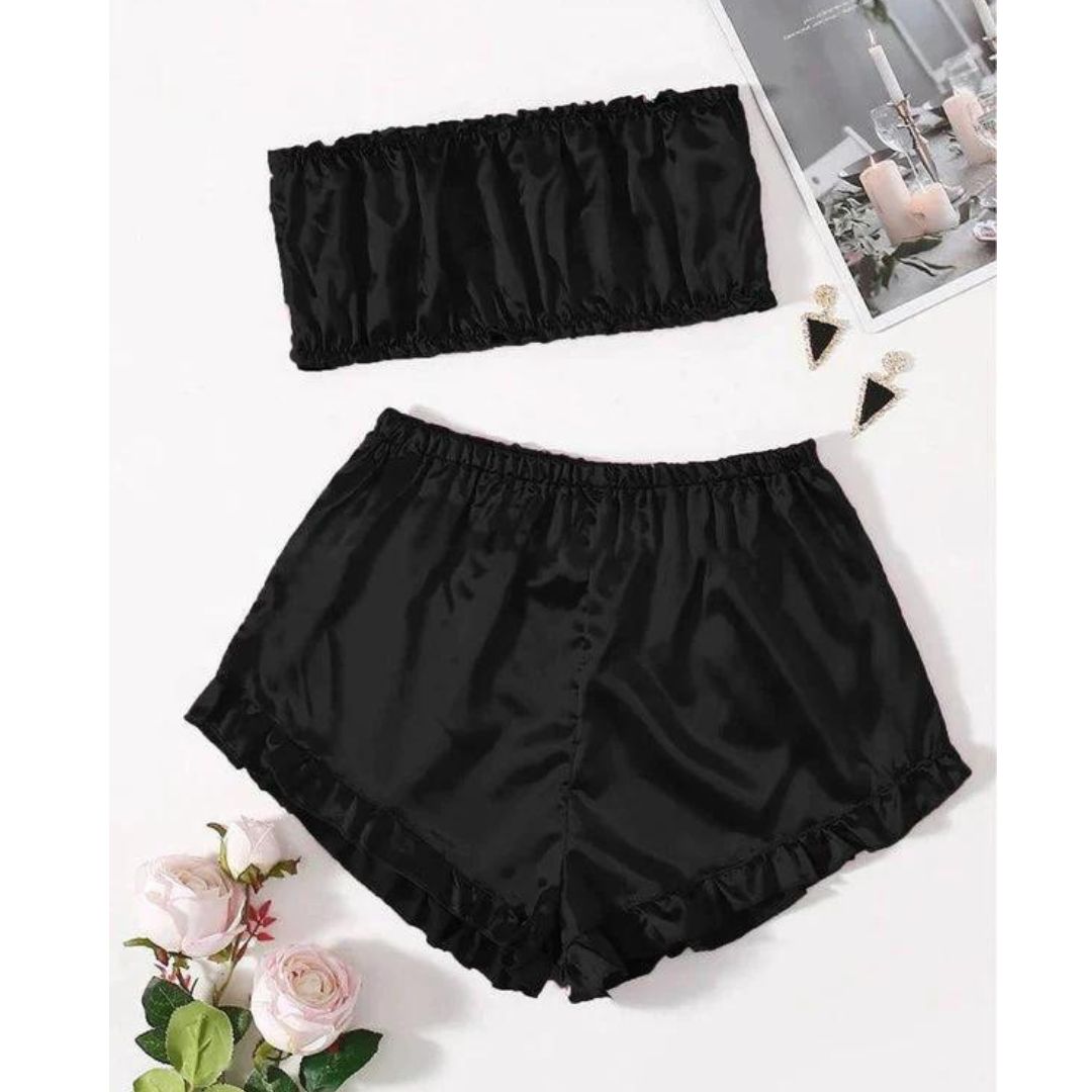 SATIN FRILL TRIM TUBE TOP & SHORTS PJ SET P48 - saimwear