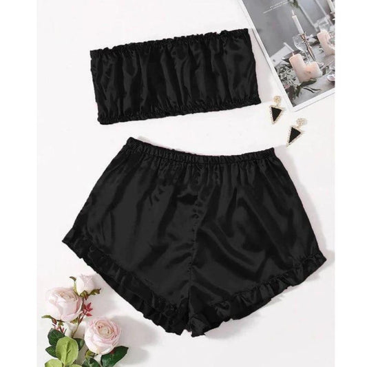 SATIN FRILL TRIM TUBE TOP & SHORTS PJ SET P48 - saimwear