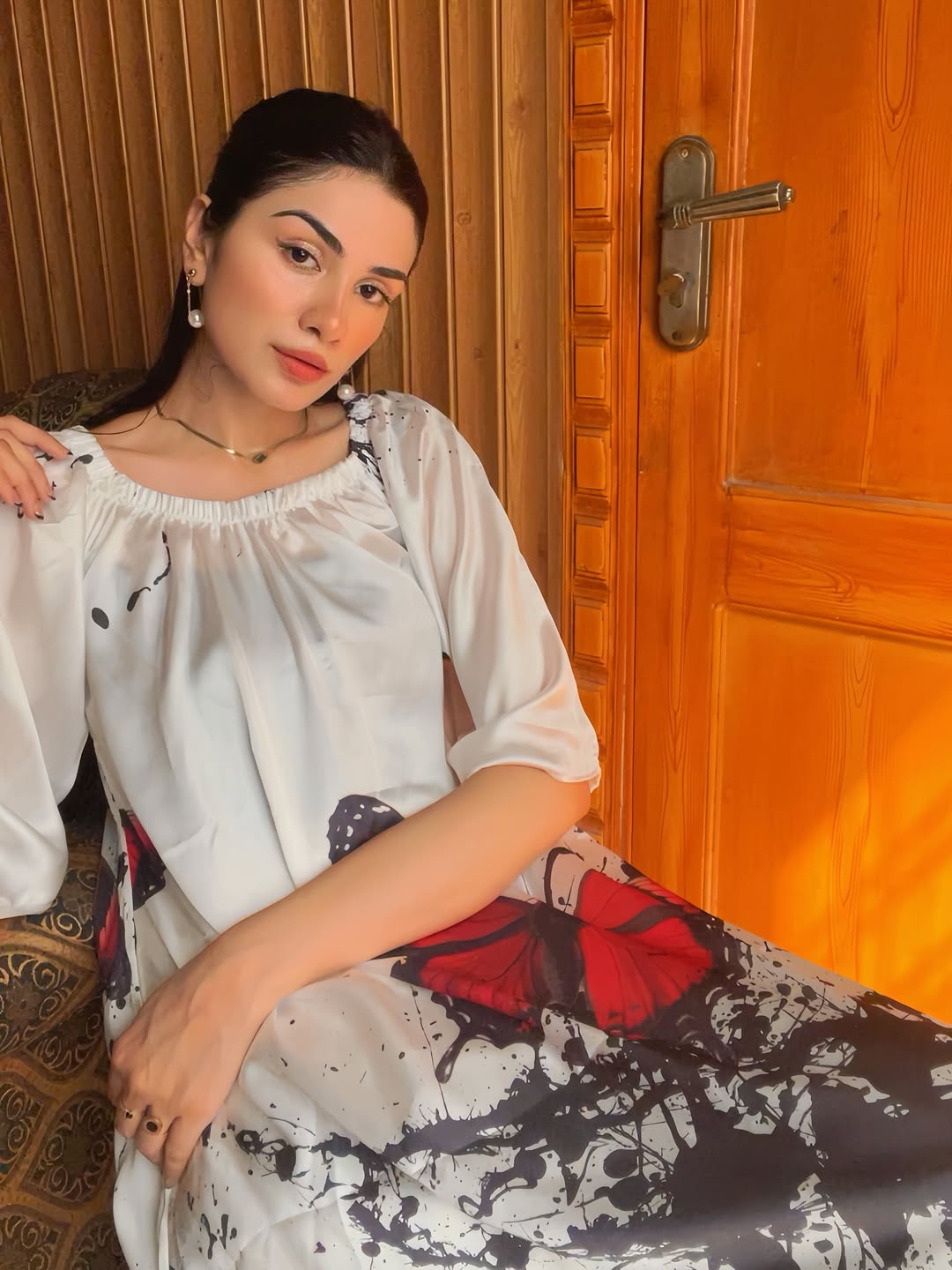 CH 554 Butterfly Printed A-Line Long Frock - Saimwear