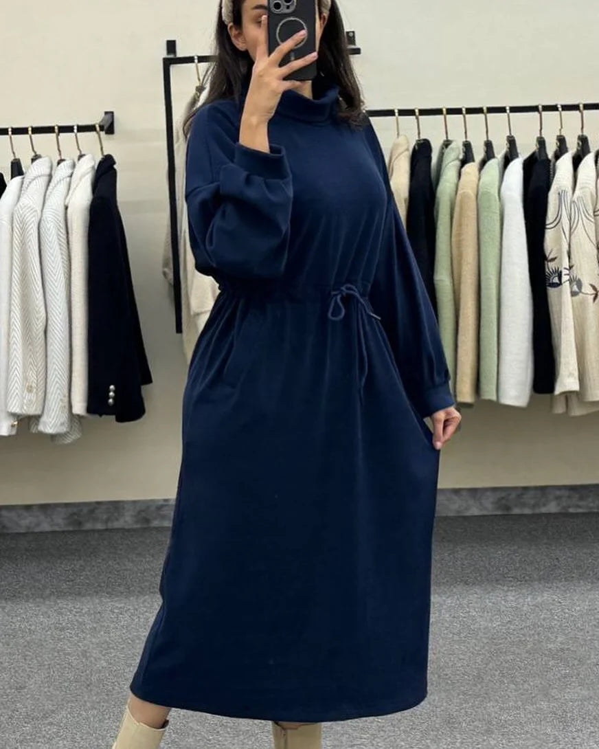 CH 582 Cozy Drawstring Long Winter Frock Top for Women - Saimwear