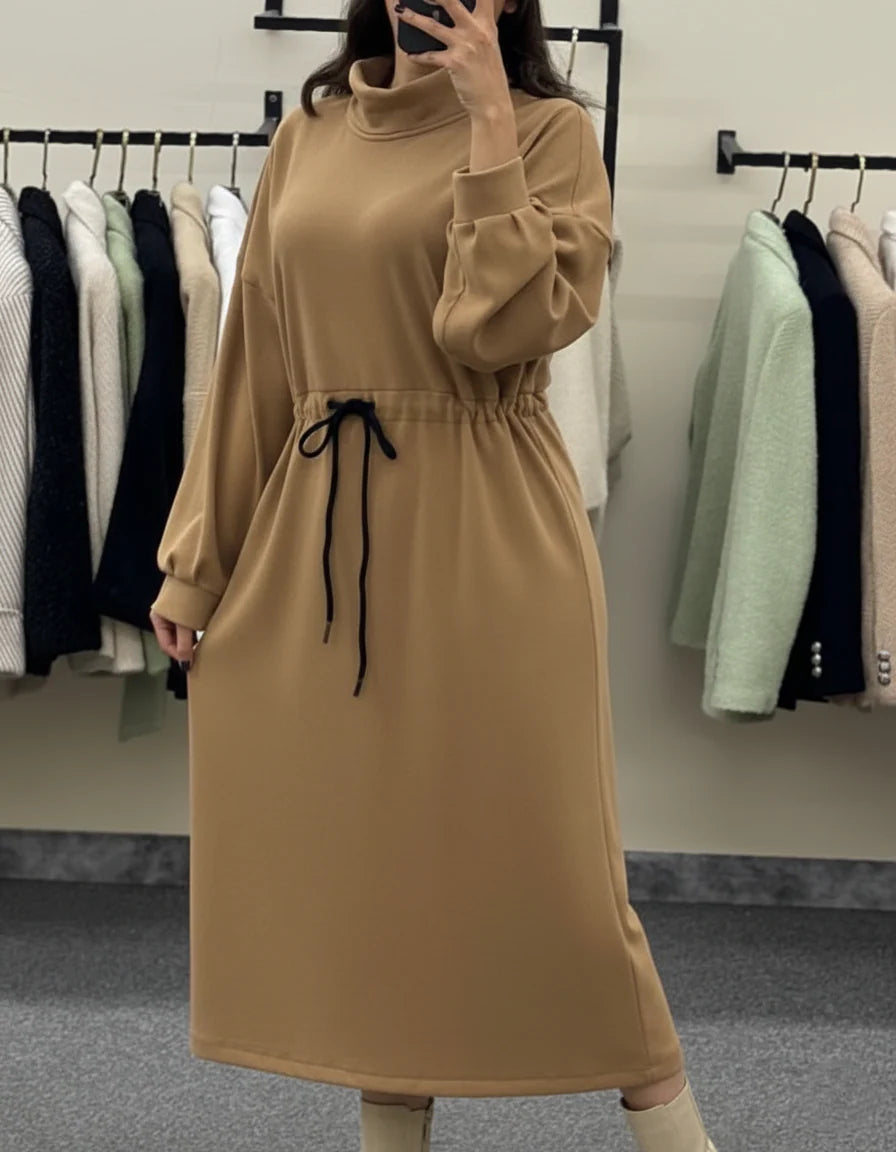 CH 582 Cozy Drawstring Long Winter Frock Top for Women - Saimwear