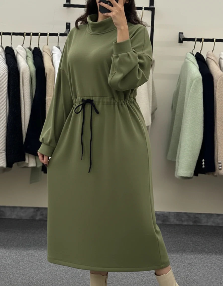 CH 582 Cozy Drawstring Long Winter Frock Top for Women - Saimwear