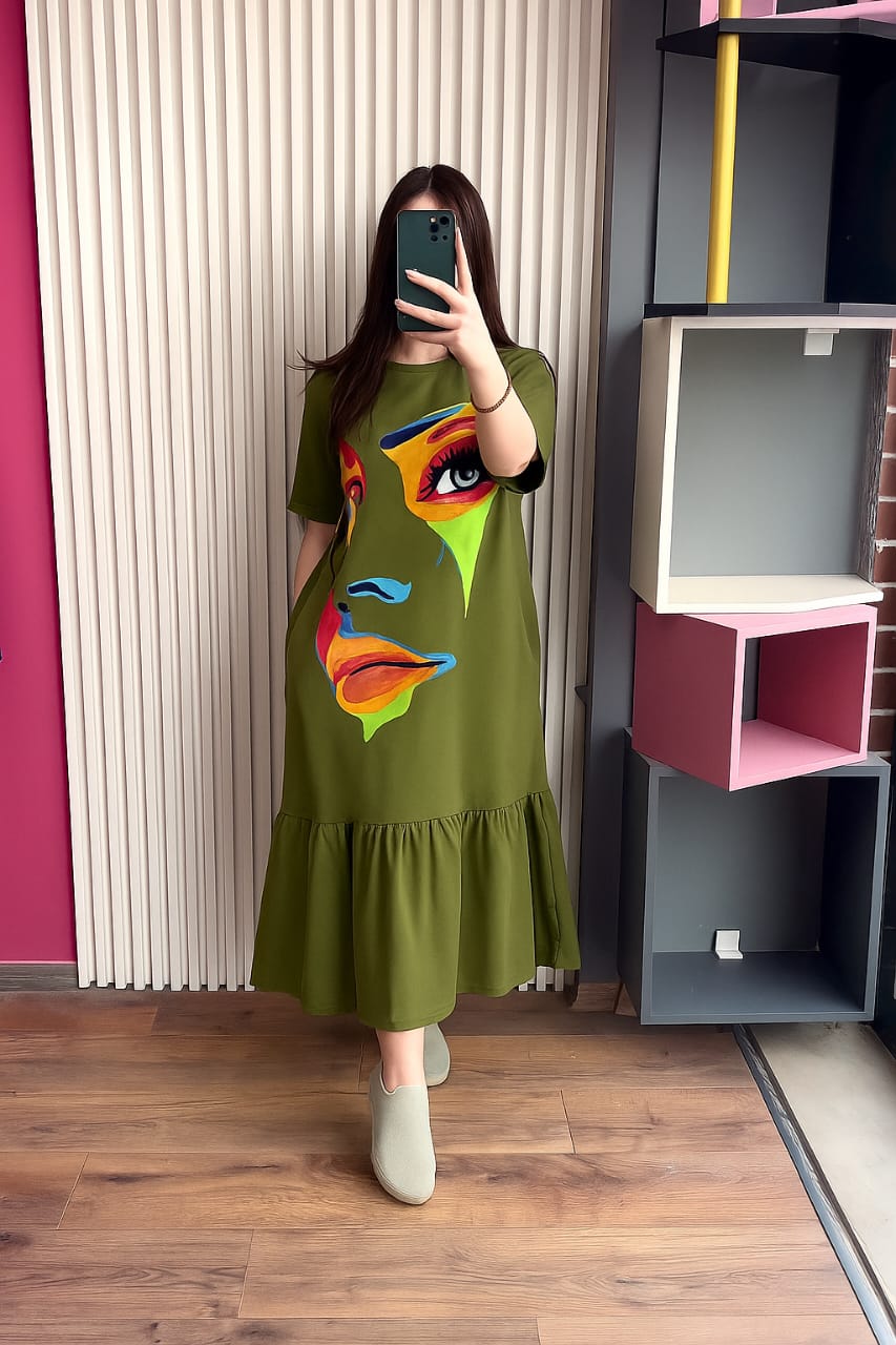 Face Printed Long Frill Top CH 453