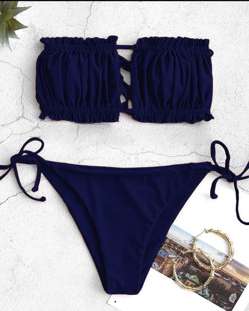 Saimwear Bikini Set Ruffle Strapless Tie Side Bikini Women High Cut Strapless Low Waisted Bikini CH # 314 - saimwear