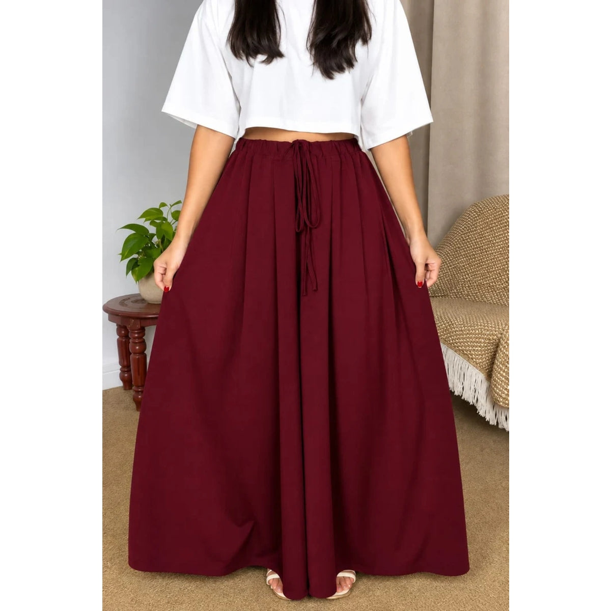 CH - 6136 - Chic Elastic-Waist Flare Trousers | Saimwear