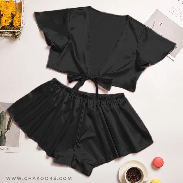 Silk imitation front knot shirt with elastic boxer sleepwear set CHK # p39 - saimwear