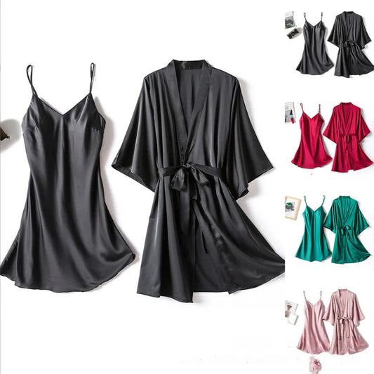 Silk Robe With Long Sleeveless Top 2 Pcs Nightwear P-42 - saimwear