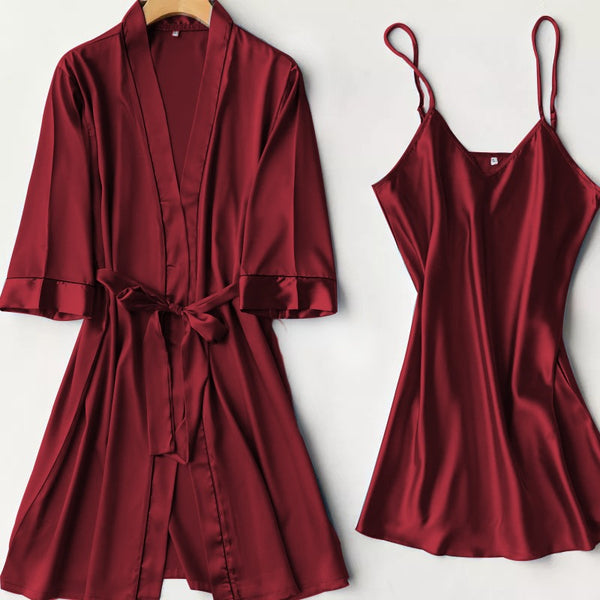 Silk Robe With Long Sleeveless Top 2 Pcs Nightwear - saimwear