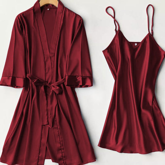 Silk Robe With Long Sleeveless Top 2 Pcs Nightwear - saimwear