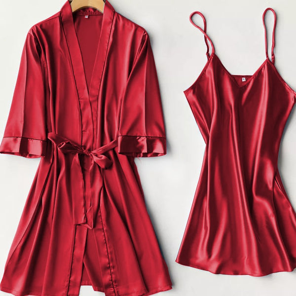Silk Robe With Long Sleeveless Top 2 Pcs Nightwear - saimwear