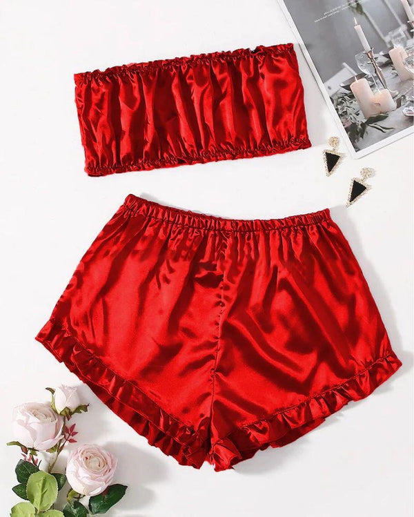 SATIN FRILL TRIM TUBE TOP & SHORTS PJ SET P48 - saimwear