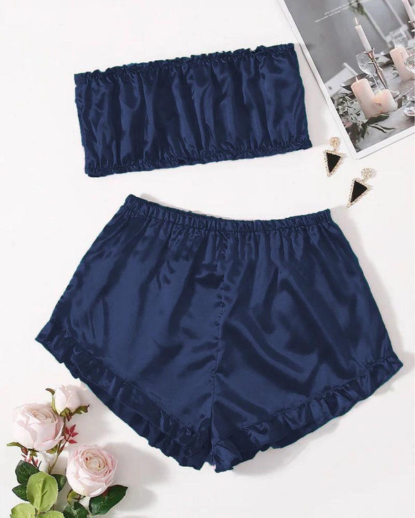 SATIN FRILL TRIM TUBE TOP & SHORTS PJ SET P48 - saimwear