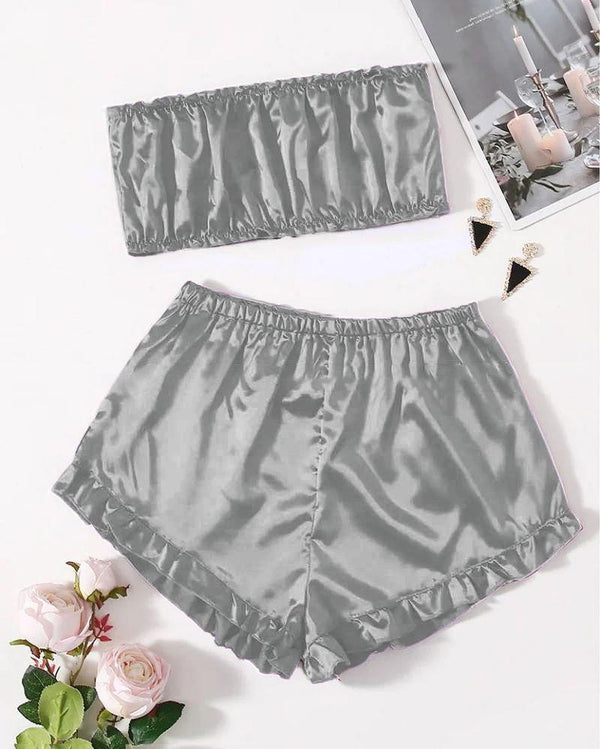 SATIN FRILL TRIM TUBE TOP & SHORTS PJ SET P48 - saimwear