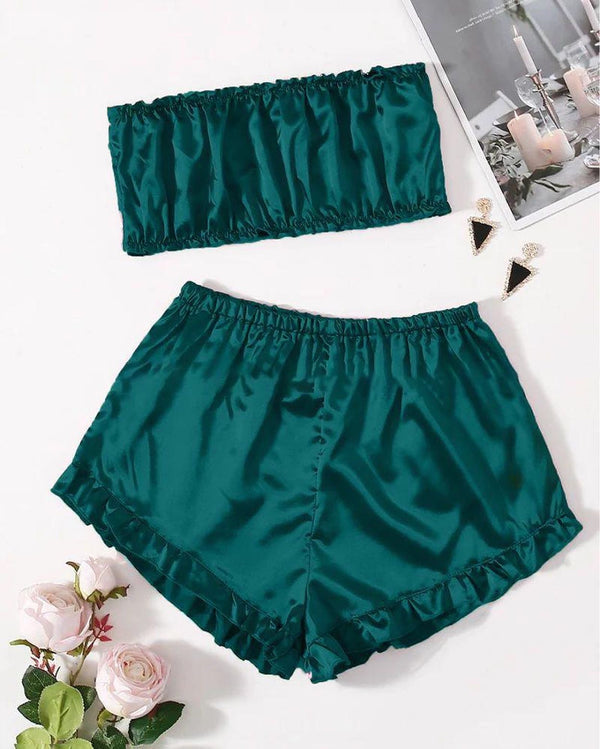 SATIN FRILL TRIM TUBE TOP & SHORTS PJ SET P48 - saimwear