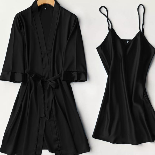 Silk Robe With Long Sleeveless Top 2 Pcs Nightwear - saimwear
