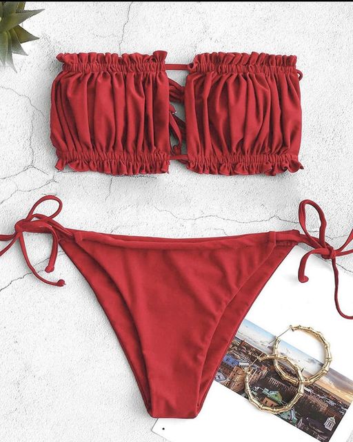 Saimwear Bikini Set Ruffle Strapless Tie Side Bikini Women High Cut Strapless Low Waisted Bikini CH # 314 - saimwear